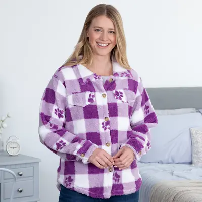 Purple Paws & Plaid Plush Sherpa Fleece Sweater Jacket - 2X