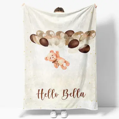 Customized Name Balloons And Teddy Bear Beige Blanket - Aperturee
