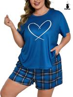 【Plus Size】 Heart Print Tee & Plaid Print Shorts Pyjama Two-piece Set, Casual Comfy Round Neck Short Sleeve T-shirt & Sho...