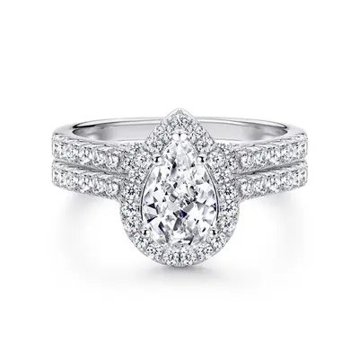 Sterling Silver 2 CT Pear Cut Moissanite Bridal Set