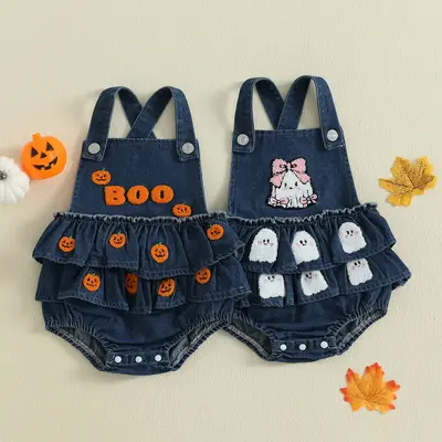Newborn Baby Girl Halloween Outfit Denim Romper Pumpkin/Ghost Sleeveless Overalls Jumpsuit Fall Clothes