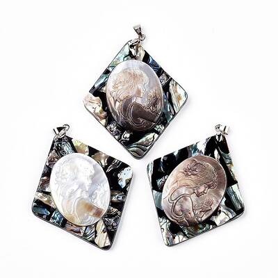 Brass Paua Shell with Black Lip Shell Rhombus Big Pendants