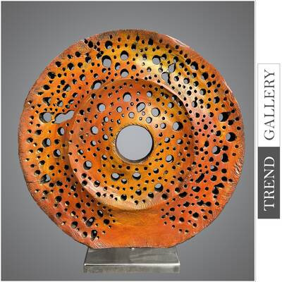 Original Round Orange Desktop Art Abstract Colored Wood Sculpture Ribbed Table Figurine | OLD TIME 13.8"x13.8"