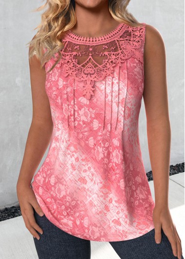 Modlily Pink Lace Tribal Print Sleeveless Round Neck Tank Top - XL