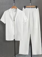 Men's Plain Loungewear Set, Casual Relaxed Fit Shortsleeve Shirt & Wide Leg Pants without Tee & Necklace, Classic Sets for Me...