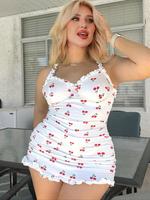 【Plus Size】 Cherry Print Frill Trim Ruched Cami Nightdress, Casual Adjustable Strap Nightgown for Women, Women's Sleepwea...