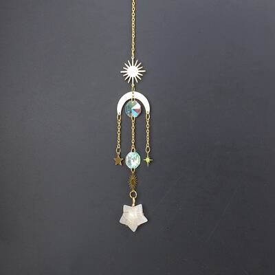 Natural Quartz Crystal Star Sun Catcher Hanging Ornaments with Brass Sun