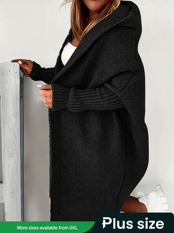 [Faith Devine Exclusive]【Plus Size】 Solid Drop Shoulder Top Stitching Hooded Cardigan, Casual Long Sleeve Open Front Knit...