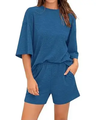 BTFBM Women Summer 2-Piece Outfits 2025 Matching Set Casual 3/4 Sleeve Tops Elastic Waist Shorts Lounge Sets With Pocket #Out...
