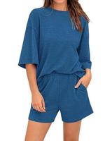 BTFBM Women Summer 2-Piece Outfits 2025 Matching Set Casual 3/4 Sleeve Tops Elastic Waist Shorts Lounge Sets With Pocket #Out...