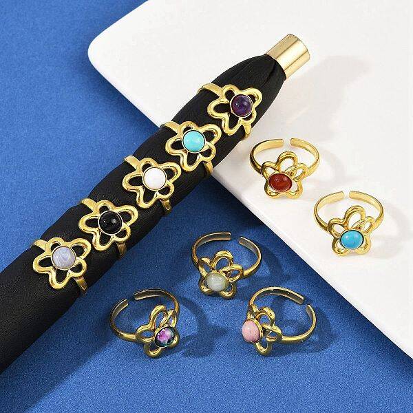 316 Stainless Steel with Natural Mixed Gemstone Cuff Rings
