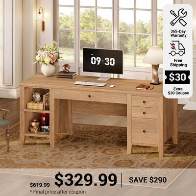 SEDETA ® 58 Inch Solid Pine Wood Computer Desk with 4 Wood Drawers Executive Home Office Desk with Storage Shelves for Work ...