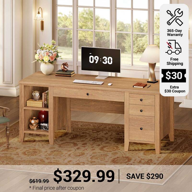 SEDETA ® 58 Inch Solid Pine Wood Computer Desk with 4 Wood Drawers Executive Home Office Desk with Storage Shelves for Work ...