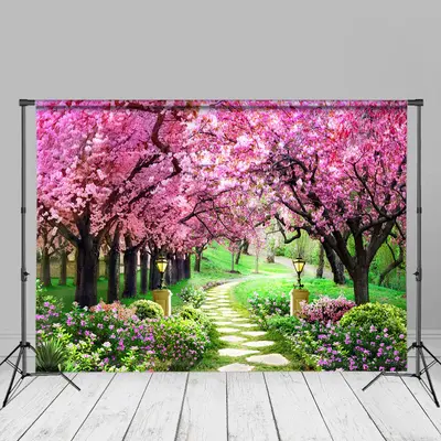 Pink Trees Path Floral Spring Backdrop For Photo - Aperturee