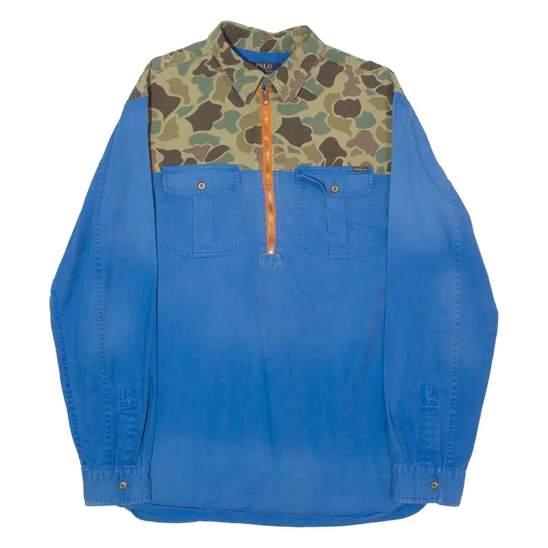 POLO RALPH LAUREN Pullover 1/4 Zip Mens Shirt Blue Camouflage Long Sleeve L