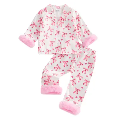 Bvfguo Baby Girls Silk Pajamas Set Bowknot Girl Button Down Long Sleeve Shirts and Pants Infant Satin Pj Lounge Set