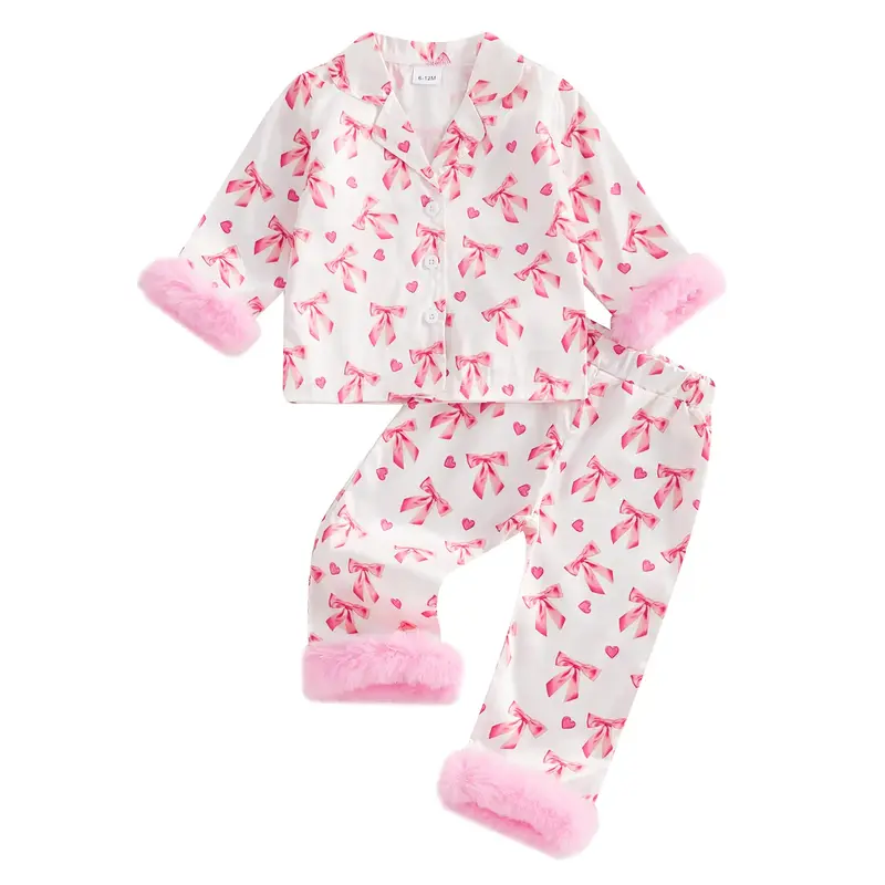 Bvfguo Baby Girls Silk Pajamas Set Bowknot Girl Button Down Long Sleeve Shirts and Pants Infant Satin Pj Lounge Set