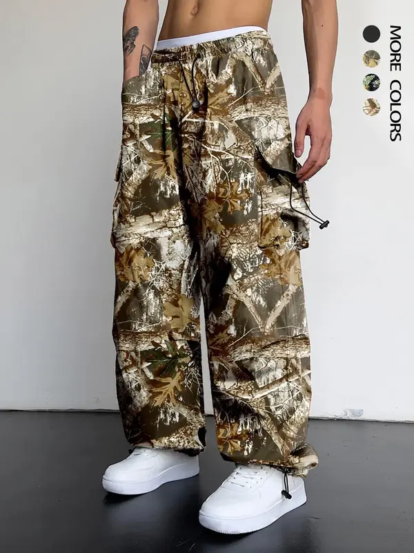 Men's Fall Plants Print Drawstring Waist Cargo Pants, Y2K Fashion Casual Loose Pocket Design Trousers for Daily Wear, Fall Ou...