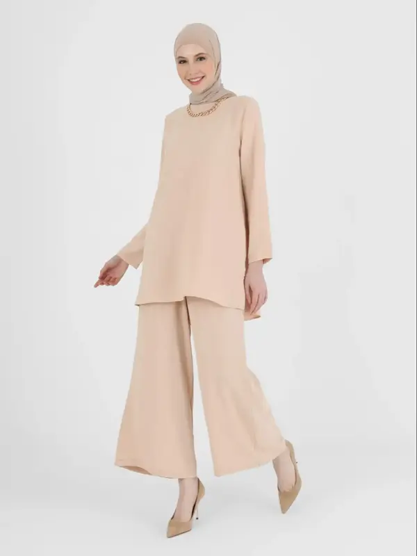 Two-Piece Set Women's Plain Co-ords Set, Long Sleeve Blouse Top & Wide Leg Pants, Arabian Outfits Muslim Clothes Set for Spr...