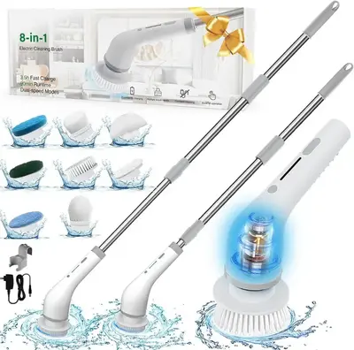 8 in 1 Electric Spin Bathroom Scrubber for Cleaning with holder and charger, Spin Scrubber with Long Handle Heads,Cleaning Br...