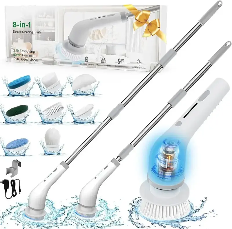 8 in 1 Electric Spin Bathroom Scrubber for Cleaning with holder and charger, Spin Scrubber with Long Handle Heads,Cleaning Br...