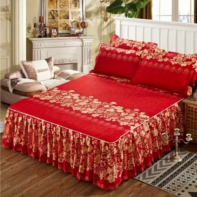 Floral Print Ruffle Trim Bed Skirt & Pillowcase Set, 3 Counts/set Soft Comfortable Breathable Bedding Set, Multiple Sizes Bed...