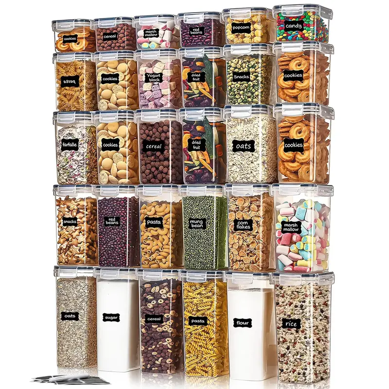 30pcs Food Storage Container with Lid, Plastic Clear Storage Box with Sticker, Airtight Cereal Organizer for Home Kitchen