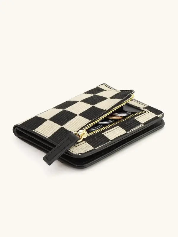 Checked Pattern Wallets for Women, Fashionable Plaid Pattern Card Holder, Slim Bifold Credit Card Holder Minimalist Zipper Co...
