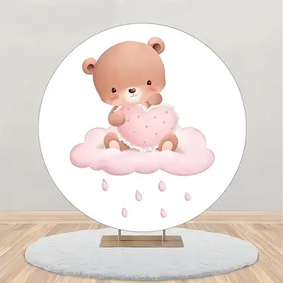 Round Pink Cloud Teddy Bear Baby Shower Backdrop - Aperturee