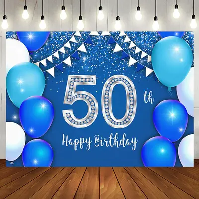 Silver Blue Balloons 50th Birthday Party Backdrop - Aperturee