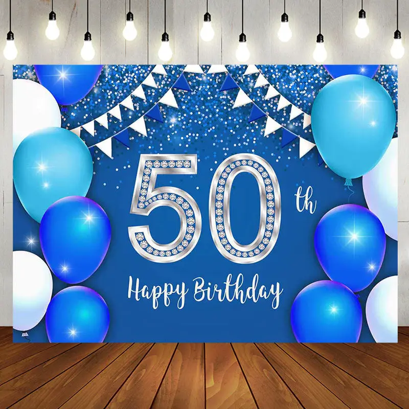 Silver Blue Balloons 50th Birthday Party Backdrop - Aperturee