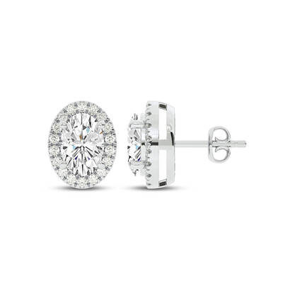 Dainty Lab Grown Diamond Dazzling Oval Halo Earrings | 14K White Gold 5/8 ct. tw. Diamond