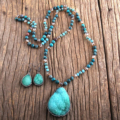 Teardrop Bohemian Style Glass with Natural Apatite Pendant Necklace & Dangle Earrings Sets