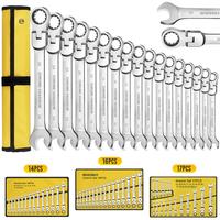 12/14/16/17pcs Flex-Head Ratchet Wrench Set, 6-26mm, 72 Teeth, Cr-V Constructed Combination Ended Span Kit with With Rolling ...