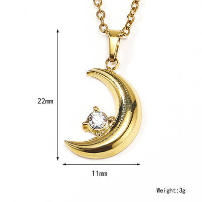 Retro Stainless Steel Clear Cubic Zirconia Moon Pendant Cable Chain Necklaces for Women