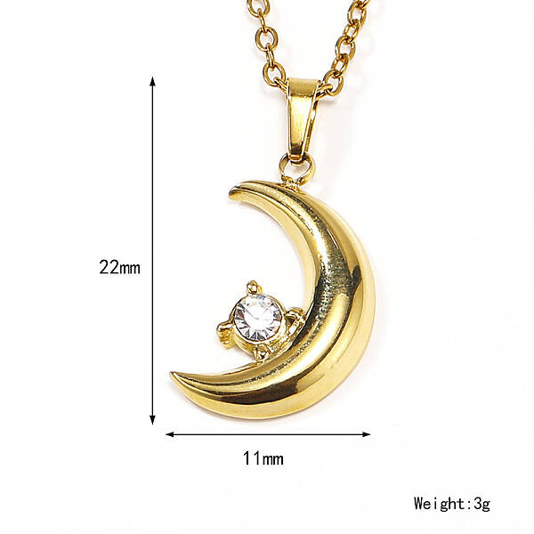 Retro Stainless Steel Clear Cubic Zirconia Moon Pendant Cable Chain Necklaces for Women