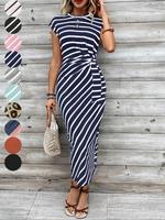 Women's Striped Print Knot Bodycon Dress, Casual Elegant Drop Shoulder Round Neck Short Sleeve Long Dress for Summer, Sund...