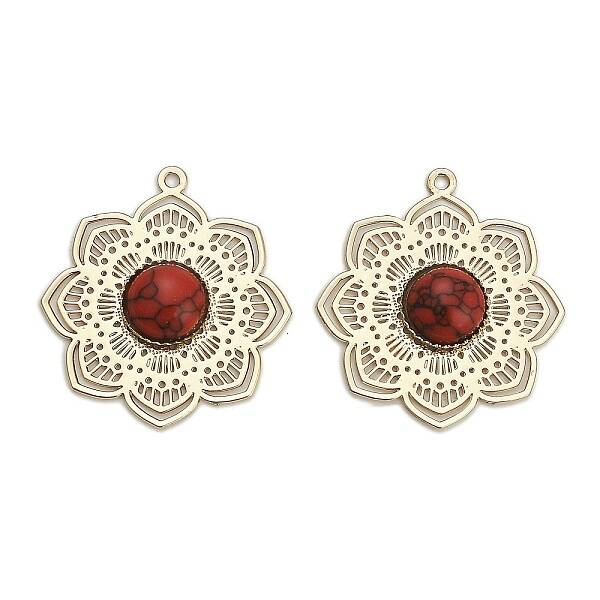 Brass Pave Dyed Synthetic Turquoise Flower Pendants