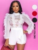 Women's Contrast Lace Ruffle Sheer Romper, Trendy Elegant Mock Neck Longsleeves Jumpsuit for Spring & Fall, Women's Clothes f...