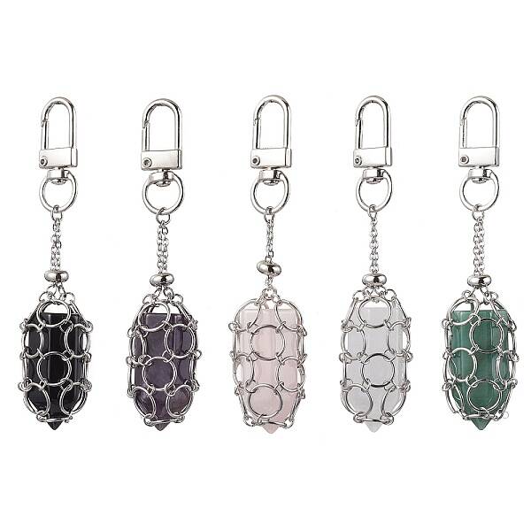 304 Stainless Steel Chain Pouch Natural Gemstone Pendant Decorations
