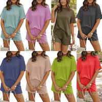 Womens Two-piece Set Ribbed Textured Knit Comfort Round Neck Casual Short Sleeve Shirts Shorts with Pockets so soft and comfy...