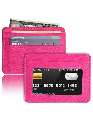Minimalist Slim Credit Card Holder, Trendy Wallet with Transparent Id Window, Small Lychee Pattern Card Wallet for Women and ...