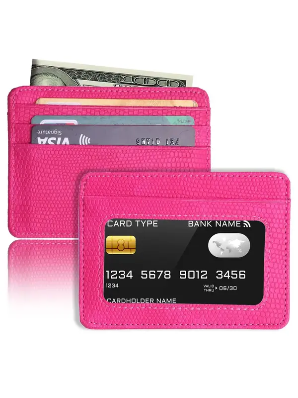 Minimalist Slim Credit Card Holder, Trendy Wallet with Transparent Id Window, Small Lychee Pattern Card Wallet for Women and ...