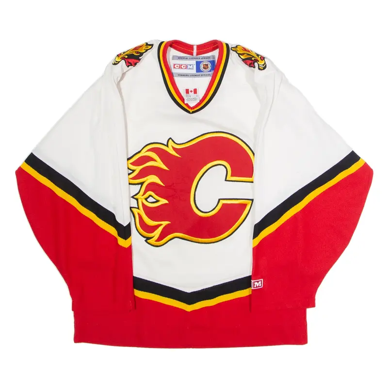 CCM Calgary Flames NHL Mens Jersey White Long Sleeve 90s USA V-Neck S
