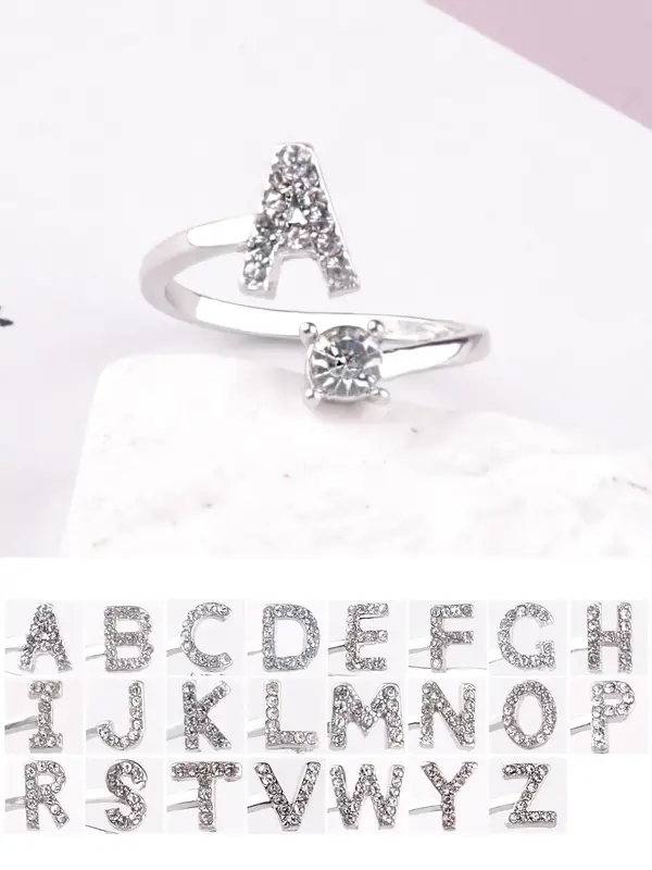 Fashion Rhinestone Decorated Alphabet Elegant Letter Design Ring for Women & Girls, Trendy All-match & Exquisite Jewelry for...