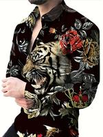 Men's Regular Fit Tiger & Rose Print Long Sleeve Shirt, Casual Comfy Collared Top for Spring & Fall, Fashion Men's Clothes fo...