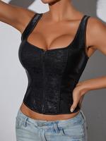 Women's Solid Color Jacquard Lace Up Corset Shapewear Tank Top, Casual Grommet Eyelet Zipper Shaper Top for Daily Wear, Women...
