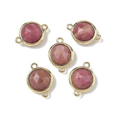 Brass Pave Natural Rhodonite Faceted Flat Round Connector Charms