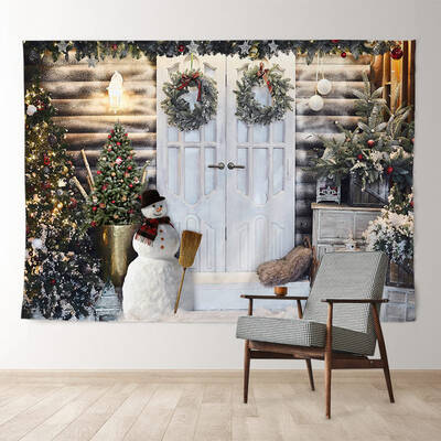 Aperturee Snowman White Door House Wreath Christmas Backdrop