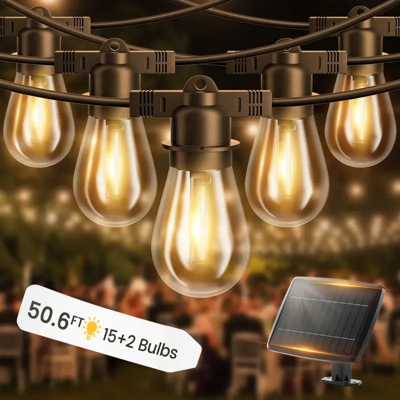 Baxstel 50.6Ft Solar String Lights Outside Waterproof, Outdoor Solar Powered Patio Lights with 17 Edison Shatterproof Bulbs(2...
